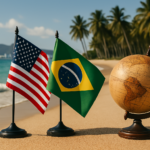 Vista aérea de uma praia tropical com hotéis ao fundo, representando o impacto de mudanças globais no setor de turismo brasileiro