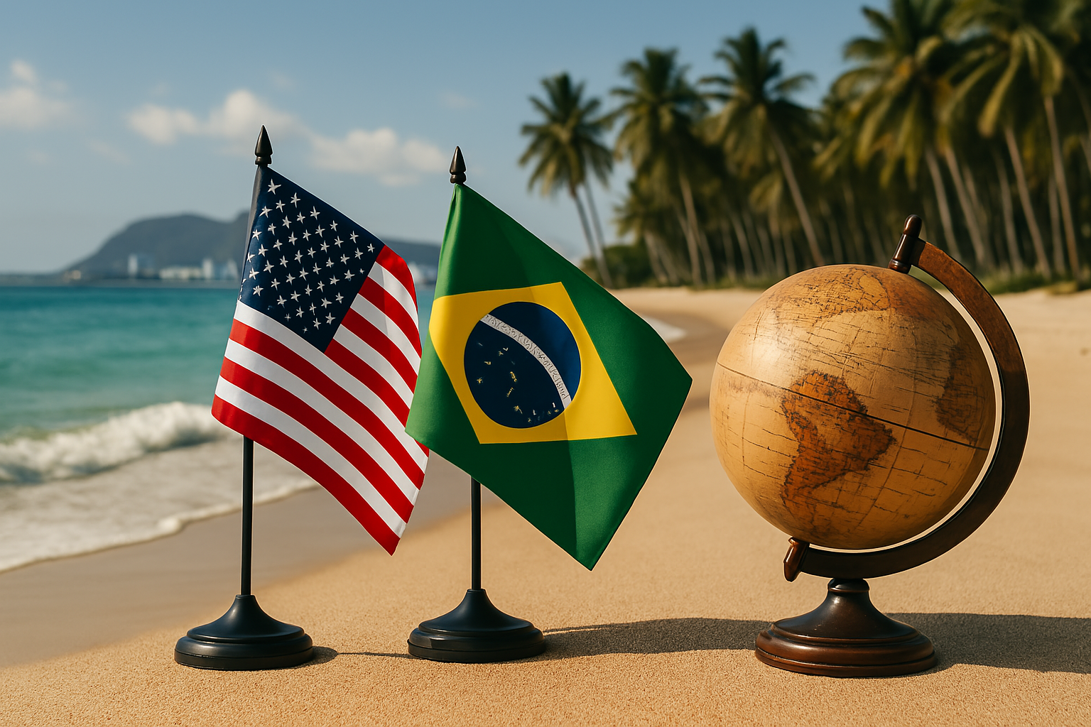 Vista aérea de uma praia tropical com hotéis ao fundo, representando o impacto de mudanças globais no setor de turismo brasileiro