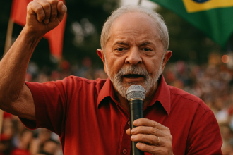 Representação simbólica de um líder político discursando em evento público, com atmosfera eleitoral e institucional