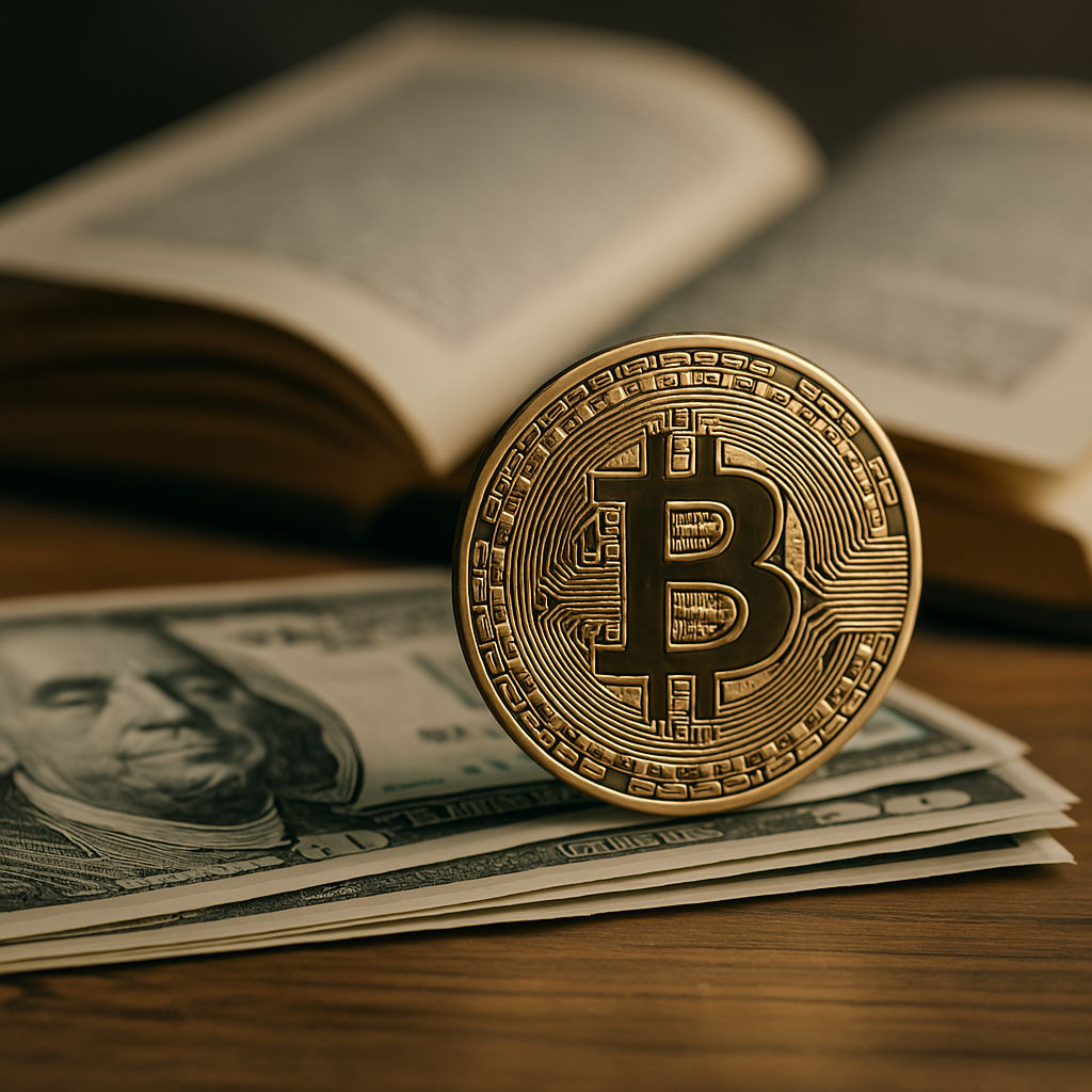 Moeda de Bitcoin sobre fundo neutro, representando a descentralização monetária e a autonomia financeira