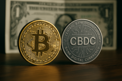 Representação física de moedas digitais estatais e descentralizadas lado a lado, simbolizando o contraste entre liberdade financeira e controle governamental