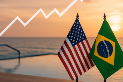 Bandeiras do Brasil e dos Estados Unidos lado a lado em um cenário neutro, representando relações comerciais e seus reflexos no turismo