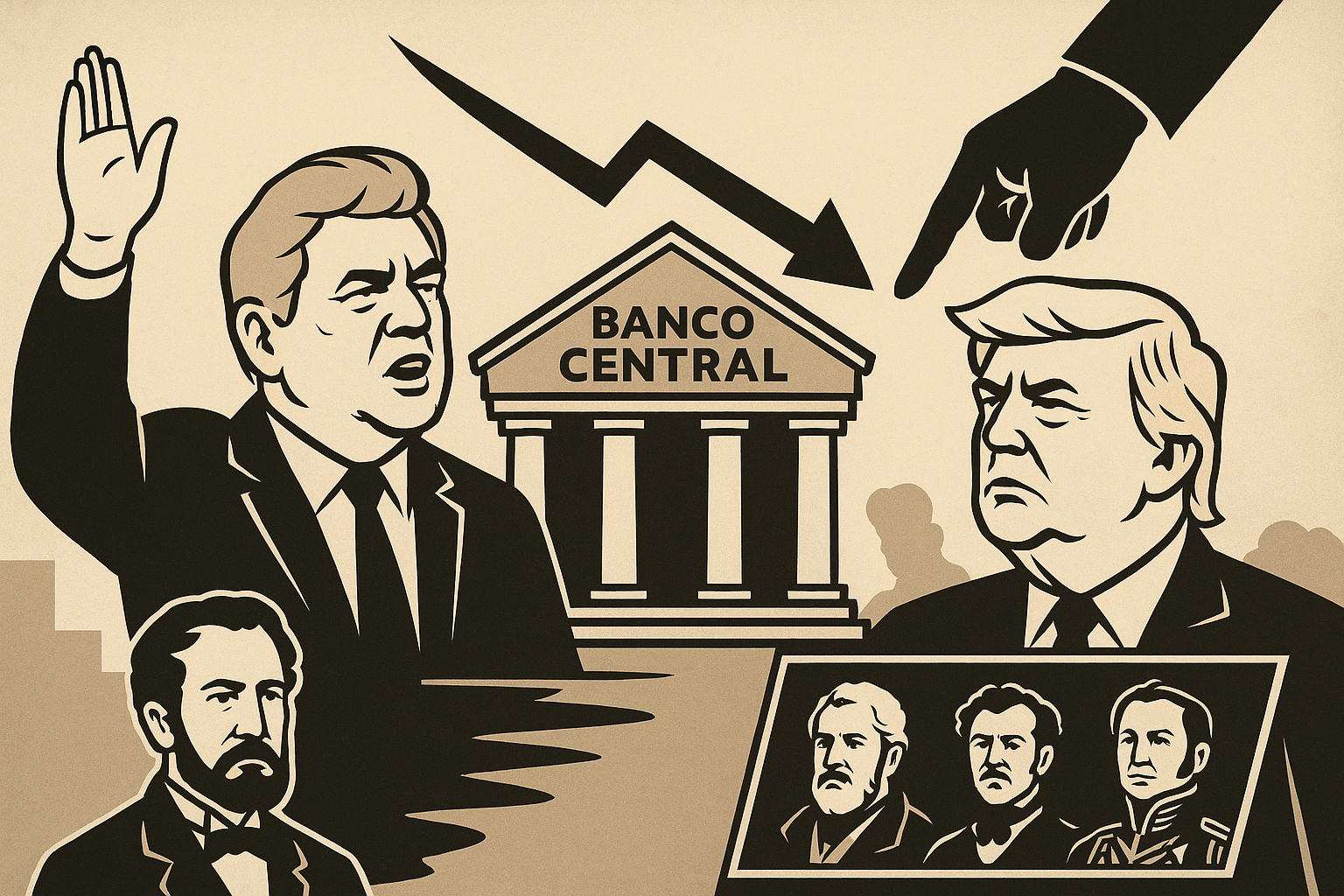 Ilustração editorial de dois palanques opostos em meio à névoa, representando líderes autoritários em estilo simbólico.