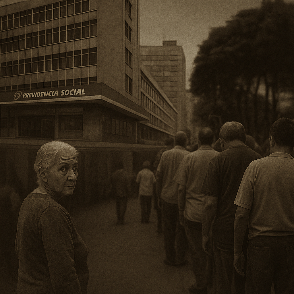 Idosos em fila diante de um prédio da Previdência Social, em imagem sépia, com expressão de espera e silêncio.