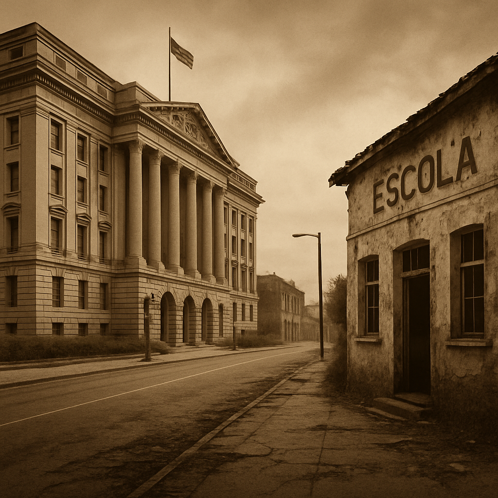 Prédio governamental grandioso ao fundo contrastando com escola pública deteriorada em primeiro plano, simbolizando o desequilíbrio nos gastos estatais.