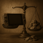 Balança antiga pesa um console de videogame contra moedas desvalorizadas, simbolizando o impacto da moeda fraca no preço dos produtos.
