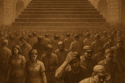 Elite estatal em palácio enquanto população trabalha – ilustração editorial crítica em sépia