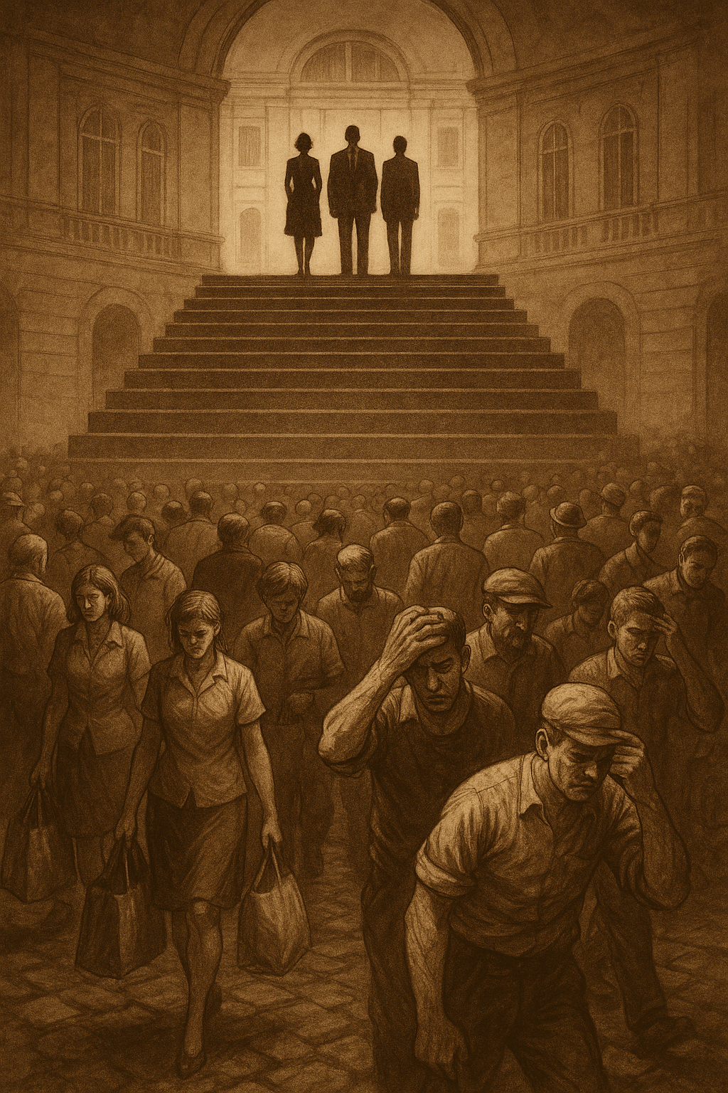 Elite estatal em palácio enquanto população trabalha – ilustração editorial crítica em sépia