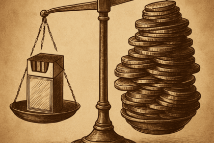 Balança desequilibrada com produto comum sendo esmagado por uma pilha de impostos, ilustrando repressão fiscal.