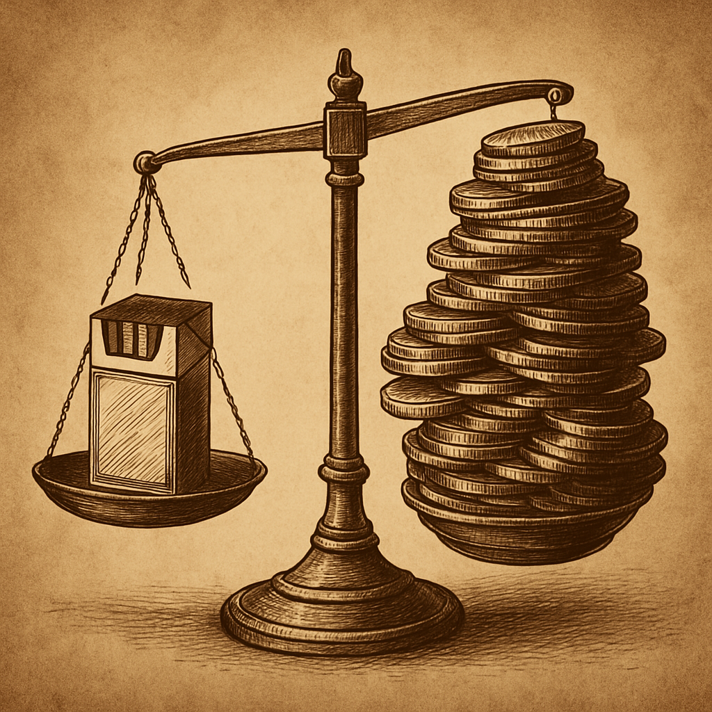 Balança desequilibrada com produto comum sendo esmagado por uma pilha de impostos, ilustrando repressão fiscal.