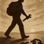 Trabalhador livre caminhando rumo ao horizonte, com correntes rompidas ao fundo, em estilo sépia editorial.