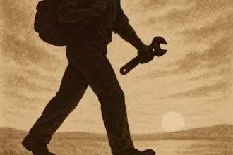 Trabalhador livre caminhando rumo ao horizonte, com correntes rompidas ao fundo, em estilo sépia editorial.