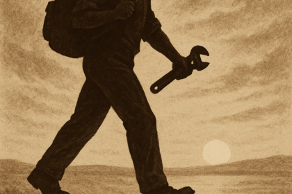 Trabalhador livre caminhando rumo ao horizonte, com correntes rompidas ao fundo, em estilo sépia editorial.