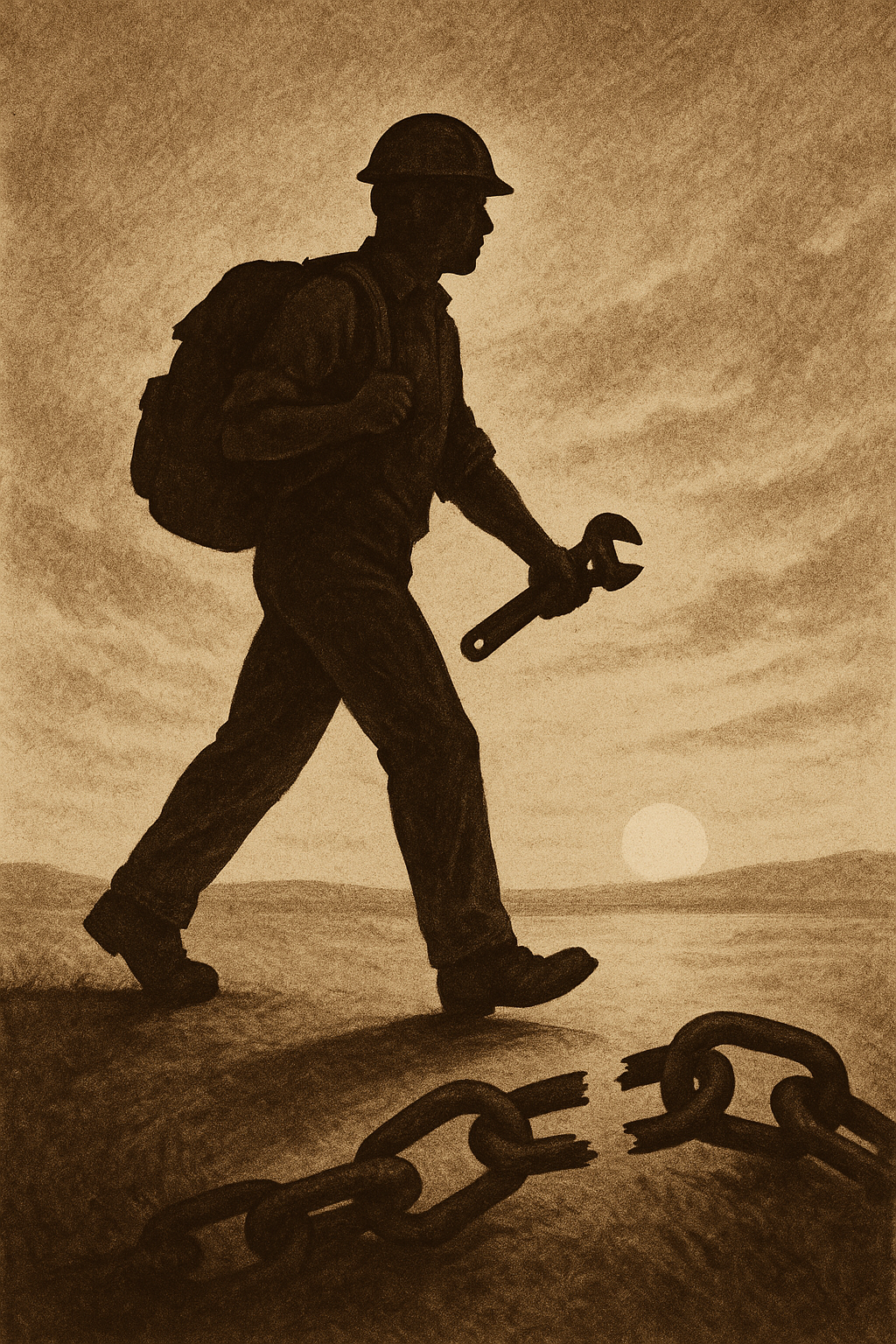 Trabalhador livre caminhando rumo ao horizonte, com correntes rompidas ao fundo, em estilo sépia editorial.