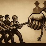 Trabalhadores unidos tentando resistir a uma mão estatal gigante puxando-os com correntes, representando a captura do sindicalismo pelo Estado.