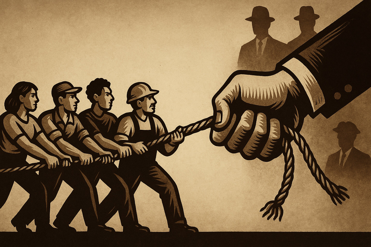 Trabalhadores unidos tentando resistir a uma mão estatal gigante puxando-os com correntes, representando a captura do sindicalismo pelo Estado.