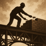Trabalhador solitário construindo uma ponte sob o céu aberto, representando a liberdade e a responsabilidade individual.