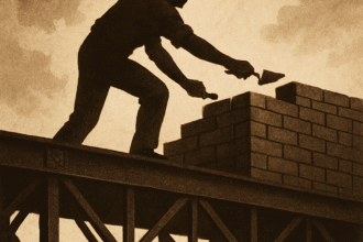 Trabalhador solitário construindo uma ponte sob o céu aberto, representando a liberdade e a responsabilidade individual.