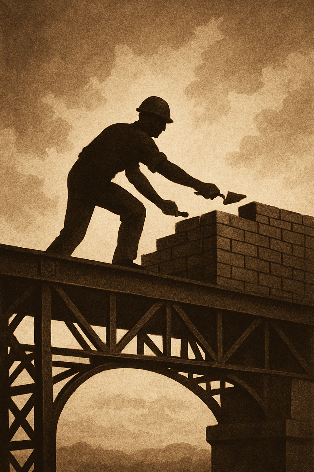 Trabalhador solitário construindo uma ponte sob o céu aberto, representando a liberdade e a responsabilidade individual.