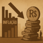 Ilustração mostra gráfico de inflação em queda sobre fundo de crise econômica