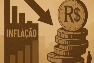 Ilustração mostra gráfico de inflação em queda sobre fundo de crise econômica