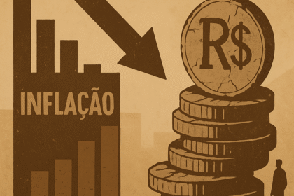Ilustração mostra gráfico de inflação em queda sobre fundo de crise econômica