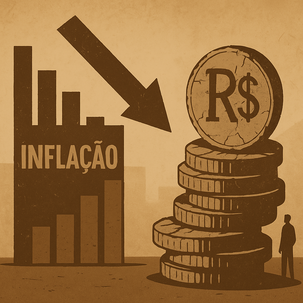 Ilustração mostra gráfico de inflação em queda sobre fundo de crise econômica