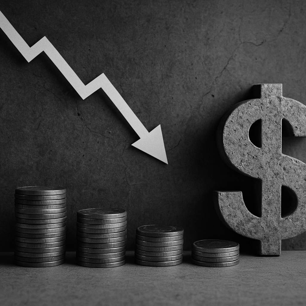 Seta apontando para baixo ao lado de moedas simboliza o impacto da baixa produtividade na economia brasileira