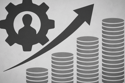 Representação em preto e branco do conceito de produtividade como motor do progresso e da liberdade econômica