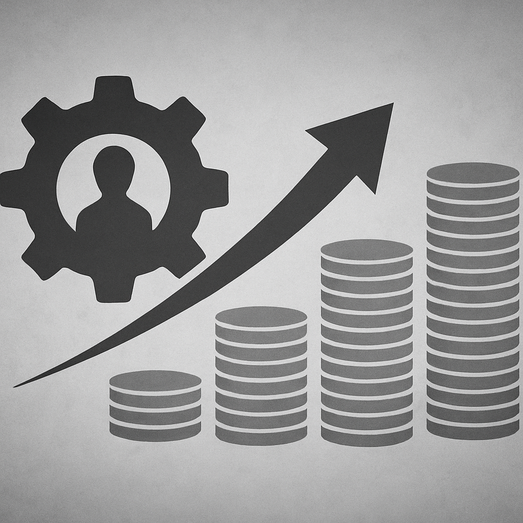 Representação em preto e branco do conceito de produtividade como motor do progresso e da liberdade econômica