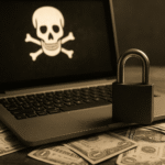 laptop com símbolo de pirataria na tela, cadeado sobre teclado e notas de dólar ao redor, em estilo sépia
