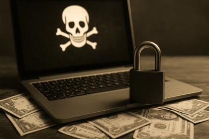 laptop com símbolo de pirataria na tela, cadeado sobre teclado e notas de dólar ao redor, em estilo sépia