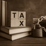 livros e mídias culturais sob cadeado e correntes, com blocos de madeira formando a palavra TAX, em tom sépia