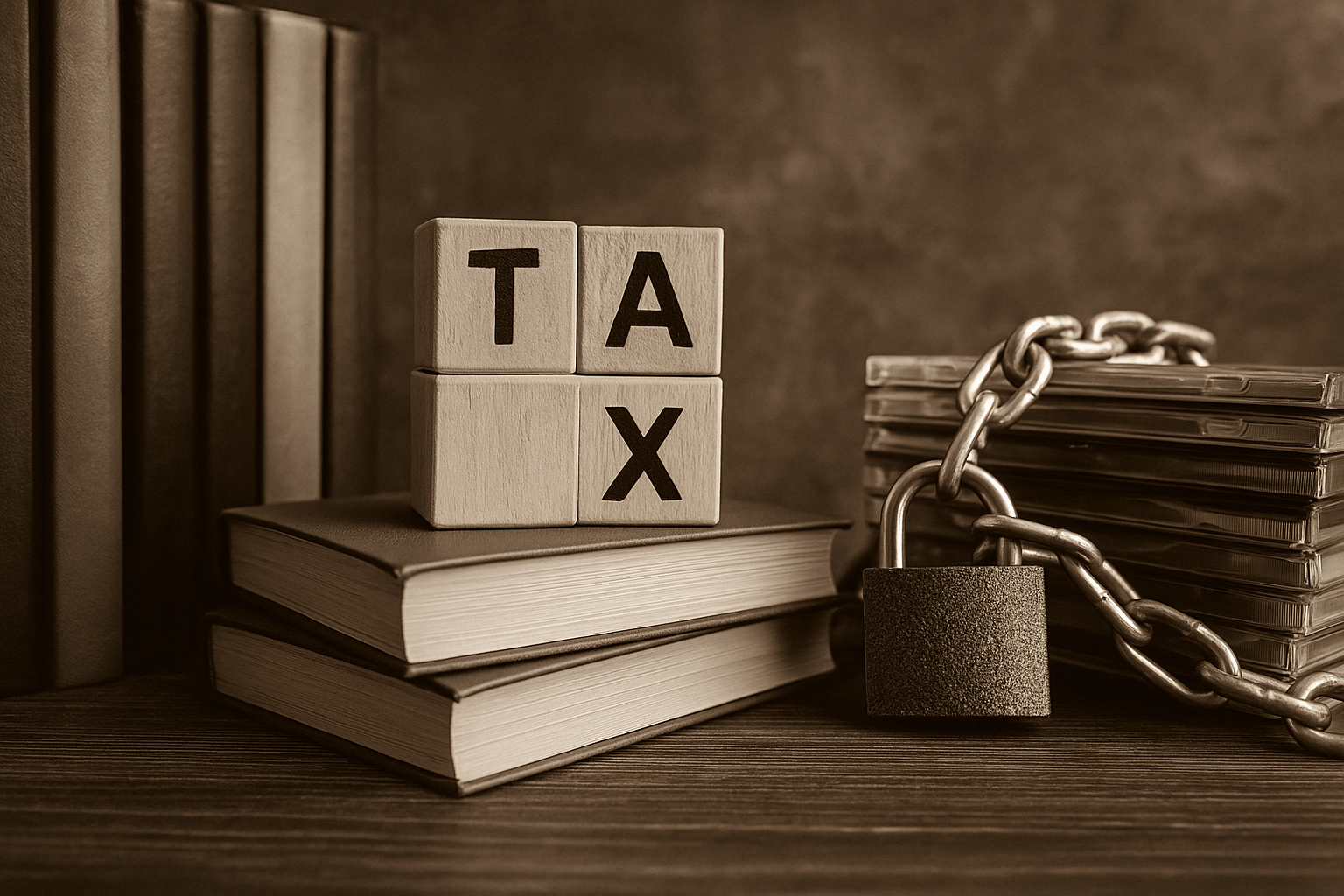 livros e mídias culturais sob cadeado e correntes, com blocos de madeira formando a palavra TAX, em tom sépia