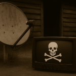 antena parabólica enferrujada ao lado de TV de tubo com símbolo de pirataria, em frente a casa de madeira em área rural, imagem em sépia