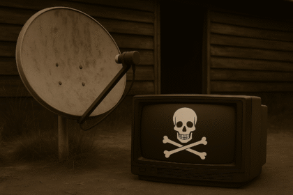 antena parabólica enferrujada ao lado de TV de tubo com símbolo de pirataria, em frente a casa de madeira em área rural, imagem em sépia