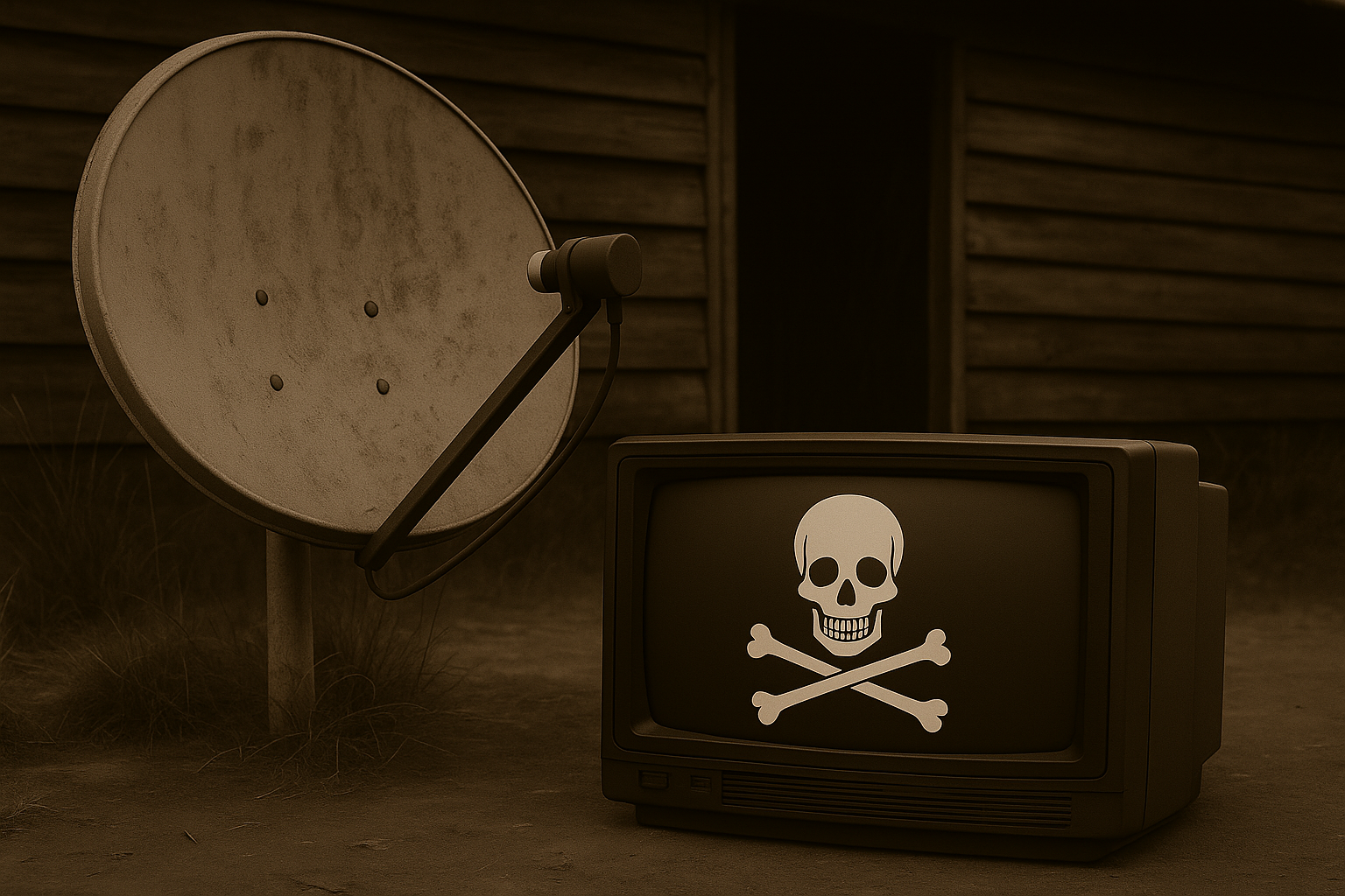 antena parabólica enferrujada ao lado de TV de tubo com símbolo de pirataria, em frente a casa de madeira em área rural, imagem em sépia