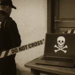 policial diante de notebook com símbolo de pirataria digital, fita de isolamento com aviso “do not cross”, em tom sépia