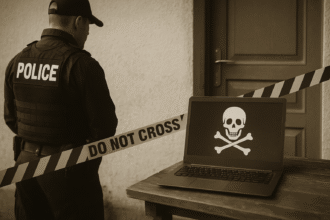 policial diante de notebook com símbolo de pirataria digital, fita de isolamento com aviso “do not cross”, em tom sépia