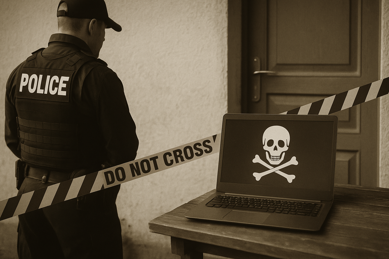 policial diante de notebook com símbolo de pirataria digital, fita de isolamento com aviso “do not cross”, em tom sépia