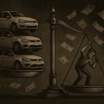 Homem sustenta balança desequilibrada com carros empilhados de um lado e dinheiro em chamas ao fundo, representando o peso dos subsídios estatais sobre o cidadão.