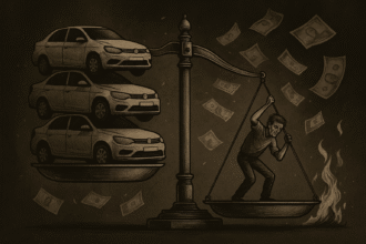 Homem sustenta balança desequilibrada com carros empilhados de um lado e dinheiro em chamas ao fundo, representando o peso dos subsídios estatais sobre o cidadão.