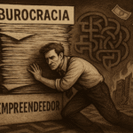 Empreendedor se esforça para conter uma pilha de papéis com a palavra “burocracia”, simbolizando o peso do Estado sobre quem tenta produzir no Brasil.