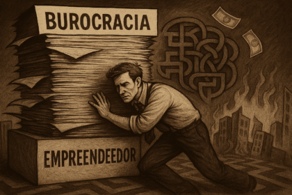 Empreendedor se esforça para conter uma pilha de papéis com a palavra “burocracia”, simbolizando o peso do Estado sobre quem tenta produzir no Brasil.