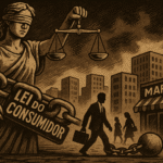 Ilustração sépia mostra a deusa da justiça com uma corrente marcada "Lei do Consumidor" que prende um empresário em direção ao mercado, simbolizando a regulação como obstáculo ao livre comércio.