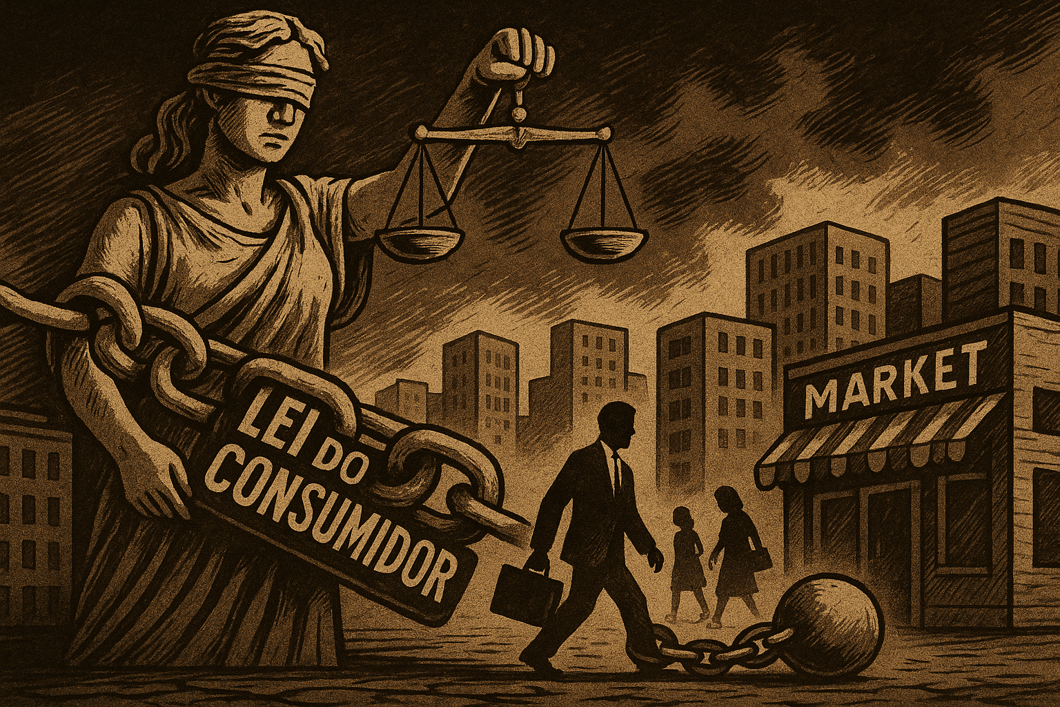 Ilustração sépia mostra a deusa da justiça com uma corrente marcada "Lei do Consumidor" que prende um empresário em direção ao mercado, simbolizando a regulação como obstáculo ao livre comércio.