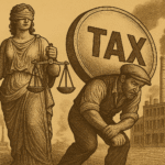 Lady Justice observa enquanto um trabalhador curvado carrega uma moeda gigante com a palavra “TAX”, diante de fábricas e chaminés industriais em cenário sépia.
