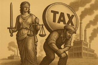 Lady Justice observa enquanto um trabalhador curvado carrega uma moeda gigante com a palavra “TAX”, diante de fábricas e chaminés industriais em cenário sépia.