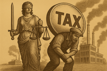 Lady Justice observa enquanto um trabalhador curvado carrega uma moeda gigante com a palavra “TAX”, diante de fábricas e chaminés industriais em cenário sépia.