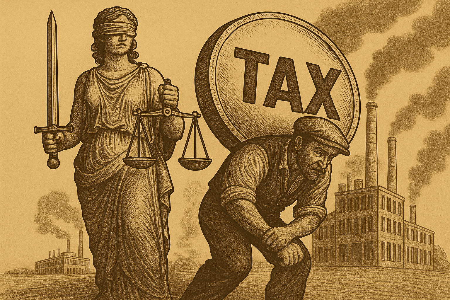 Lady Justice observa enquanto um trabalhador curvado carrega uma moeda gigante com a palavra “TAX”, diante de fábricas e chaminés industriais em cenário sépia.